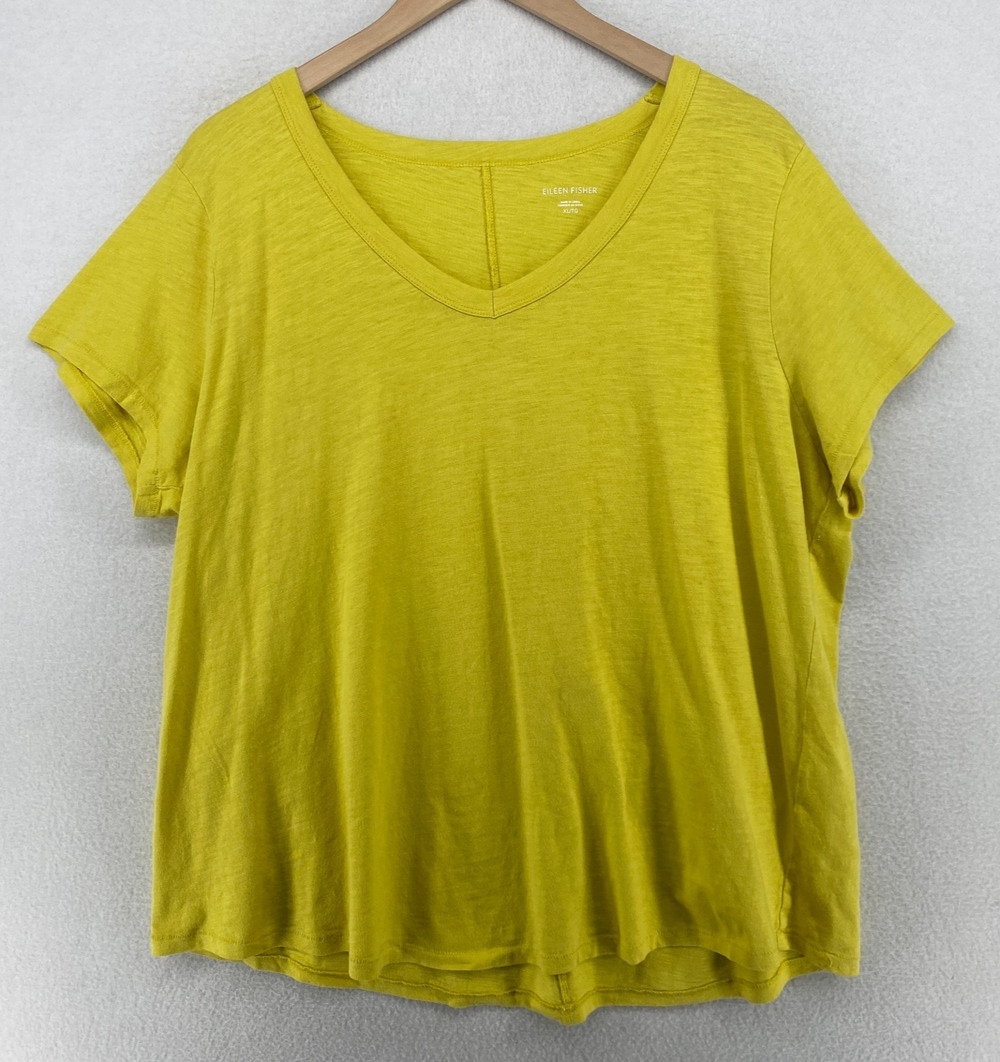 EILEEN FISHER Top XL Slub Organic Cotton Jersey V-Neck Short Sleeve Yellow